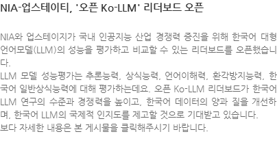 NIA와 업스테이지가 국내 인공지능 산업 경쟁력 증진을 위해 한국어 대형언어모델(LLM)의 성능을 평가하고 비교할 수 있는 리더보드를 오픈했습니다. LLM 모델 성능평가는 추론능력, 상식능력, 언어이해력, 환각방지능력, 한국어 일반상식능력에 대해 평가하는데요. 오픈 Ko-LLM 리더보드가 한국어 LLM 연구의 수준과 경쟁력을 높이고, 한국어 데이터의 양과 질을 개선하며, 한국어 LLM의 국제적 인지도를 제고할 것으로 기대받고 있습니다. 보다 자세한 내용은 본 게시물을 클릭해주시기 바랍니다. 