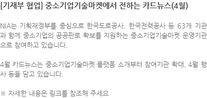 NIA는 기획재정부를 중심으로 한국도로공사, 한국전력공사 등 63개 기관과 함께 중소기업의 공공판로 확보를 지원하는 중소기업기술마켓 운영기관으로 참여하고 있습니다. 4월 카드뉴스는 중소기업기술마켓 플랫폼 소개부터 참여기관 확대, 4월 행사 등을 담고 있습니다. ※ 자세한 내용은 링크를 참조해 주세요