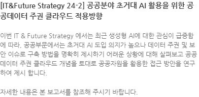 이번 IT & Future Strategy 에서는 최근 생성형 AI에 대한 관심이 급증함에 따라, 공공부문에서는 초거대 AI 도입 의지가 높으나 데이터 주권 및 보안 이슈로 구축 방법을 명확히 제시하기 어려운 상황에 대해 살펴보고 공공데이터 주권 클라우드 개념을 토대로 공공자원을 활용한 접근 방안을 연구하여 제시 합니다. 자세한 내용은 보고서를 참조해 주시기 바랍니다.