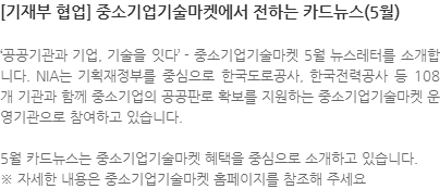 '공공기관과 기업, 기술을 잇다'-중소기업기술마켓 5월 뉴스레터를 소개합니다. NIA는 기획재정부를 중심으로 한국도로공사, 한국전력공사 등 108개 기관과 함께 중소기업의 공공판로 확보를 지원하는 중소기업기술마켓 운영기관으로 참여하고 있습니다. 5월 카드뉴스는 중소기업기술마켓 혜택을 중심으로 소개하고 있습니다. ※ 자세한 내용은 중소기업기술마켓 홈페이지를 참조해 주세요.