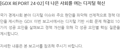 국가 경제사회 분야 디지털 이슈와 주요 현안을 파악해 선제적으로 정책 대안을 제시하는 GDX 이번 보고서에서는 디지털 기반 사회 문제 해결의 10가지 성공 요인을 살펴보고 ​정책 개선을 위해 각 성공 요인별 핵심 질문을 제시합니다. 자세한 내용은 본 보고서를 참조해 주시기 바랍니다.