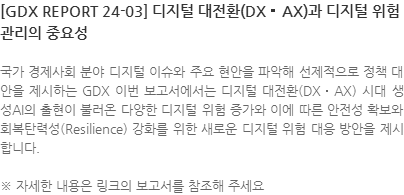 국가 경제사회 분야 디지털 이슈와 주요 현안을 파악해 선제적으로 정책 대안을 제시하는 GDX 이번 보고서에서는 디지털 대전환(DX‧AX) 시대 생성AI의 출현이 불러온 다양한 디지털 위험 증가와 이에 따른 안전성 확보와 회복탄력성(Resilience) 강화를 위한 새로운 디지털 위험 대응 방안을 제시합니다. ※ 자세한 내용은 링크의 보고서를 참조해 주세요