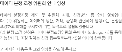 데이터 분쟁조정 제도 및 위원회 소개, 신청방법 등 안내 영상입니다. (1) 위원회는 데이터의 생산, 거래, 활용과 관련하여 발생하는 분쟁을 조정하고 피해를 구제하기 위한 목적으로 설립되었습니다. (2) 분쟁 조정 신청은 데이터분쟁조정위원회 홈페이지(ddrc.go.kr)를 통해 가능합니다. 조정 절차는 신청 접수일로부터 45일 이내에 완료됩니다.  ※ 자세한 내용은 링크의 영상을 참조해 주세요