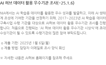 NIA에서는 AI 학습용 데이터를 활용한 우수 성과를 발굴하고, 미래 AI 생태계 조성에 기여한 기관을 선정하기 위해, 2017~2023년 AI 학습용 데이터 구축사업 수행 기관을 대상으로 AI허브 데이터 활용 우수기관 조사를 진행 합니다. 처음으로 진행되는 AI 허브 데이터 활용 우수기관 시상식에 초대 수상기관이 될 수 있도록 수행기관의 많은 참여 부탁드립니다.  o 제출 기한: 2025년 1월 6일(월)  o 제출 방법: 담당자 이메일로 조사 양식 회신 ※ 자세한 내용은 AI허브 홈페이지를 참조해 주세요