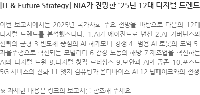 이번 보고서에서는 2025년 국가사회 주요 전망을 바탕으로 다음의 12대 디지털 트렌드를 분석했스니다. 1.AI가 에이전트로 변신 2.AI 거버넌스와 신뢰의 균형 3.반도체 중심의 AI 헤게모니 경쟁 4. 범용 AI 로봇의 도약 5.자율주행으로 혁신되는 모빌리티 6.감정 노동의 해방 7.제조업을 혁신하는 AI와 디지털 트윈 8.디지털 창작 르네상스 9.보안과 AI의 공존 10.포스트 5G 서비스의 진화 11.엣지 컴퓨팅과 온디바이스 AI 12.딥페이크와의 전쟁 ※ 자세한 내용은 링크의 보고서를 참조해 주세요