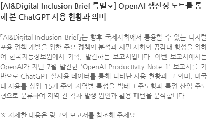 「AI&Digital Inclusion Brief」는 향후 국제사회에서 통용할 수 있는 디지털 포용 정책 개발을 위한 주요 정책의 분석과 시민 사회의 공감대 형성을 위하여 한국지능정보원에서 기획, 발간하는 보고서입니다. 이번 보고서에서는 OpenAI가 지난 7월 발간한 OpenAI Productivity Note 1 보고서를 기반으로 ChatGPT 실사용 데이터를 통해 나타난 사용 현황과 그 의미, 미국 내 사용률 상위 15개 주의 지역별 특성을 빅테크 주도형과 특정 산업 주도형으로 분류하여 지역 간 격차 발생 원인과 활용 패턴을 분석합니다. ※ 자세한 내용은 링크의 보고서를 참조해 주세요