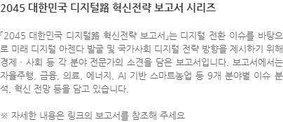 「2045 대한민국 디지털路 혁신전략 보고서」는 디지털 전환 이슈를 바탕으로 미래 디지털 아젠다 발굴 및 국가사회 디지털 전략 방향을 제시하기 위해 경제 · 사회 등 각 분야 전문가의 소견을 담은 보고서입니다. 보고서에서는 자율주행, 금융, 의료, 에너지, AI 기반 스마트농업 등 9개 분야별 이슈 분석, 혁신 전망 등을 담고 있습니다. ※ 자세한 내용은 링크의 보고서를 참조해 주세요
