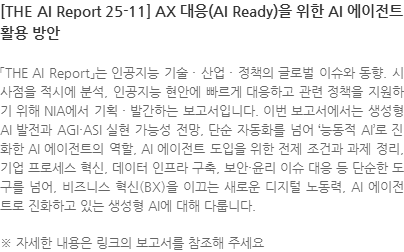 「THE AI Report」는 인공지능 기술 · 산업 · 정책의 글로벌 이슈와 동향. 시사점을 적시에 분석, 인공지능 현안에 빠르게 대응하고 관련 정책을 지원하기 위해 NIA에서 기획 · 발간하는 보고서입니다. 이번 보고서에서는 생성형 AI 발전과 AGI·ASI 실현 가능성 전망, 단순 자동화를 넘어 ‘능동적 AI’로 진화한 AI 에이전트의 역할, AI 에이전트 도입을 위한 전제 조건과 과제 정리, 기업 프로세스 혁신, 데이터 인프라 구축, 보안·윤리 이슈 대응 등 단순한 도구를 넘어, 비즈니스 혁신(BX)을 이끄는 새로운 디지털 노동력, AI 에이전트로 진화하고 있는 생성형 AI에 대해 다룹니다. ※ 자세한 내용은 링크의 보고서를 참조해 주세요