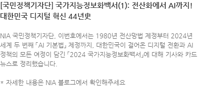 NIA 국민정책기자단, 이번호에서는 1980년 전산망법 제정부터 2024년 세계 두 번째 「AI 기본법」 제정까지, 대한민국이 걸어온 디지털 전환과 AI 정책의 모든 여정이 담긴 「2024 국가지능정보화백서」에 대해 기사와 카드뉴스로 정리했습니다. * 자세한 내용은 NIA 블로그에서 확인해주세요