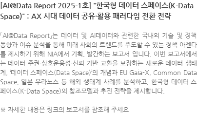 「AI@Data Report」는 데이터 및 AI데이터와 관련한 국내외 기술 및 정책 동향과 이슈 분석을 통해 미래 사회의 트렌드를 주도할 수 있는 정책 아젠다를 제시하기 위해 NIA에서 기획, 발간하는 보고서 입니다. 이번 보고서에서는 데이터 주권·상호운용성·신뢰 기반 교환을 보장하는 새로운 데이터 생태계, 데이터 스페이스(Data Space)의 개념과 EU Gaia-X, Common Data Space, 일본 우라노스 등 해외 생태계 사례를 분석하고, 한국형 데이터 스페이스(K-Data Space)의 참조모델과 추진 전략을 제시합니다. ※ 자세한 내용은 링크의 보고서를 참조해 주세요