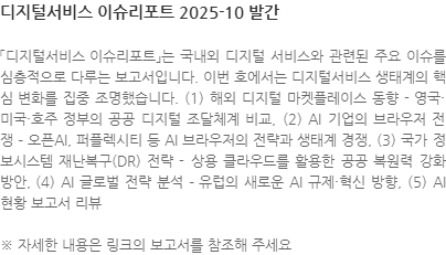「디지털서비스 이슈리포트」는 국내외 디지털 서비스와 관련된 주요 이슈를 심층적으로 다루는 보고서입니다. 이번 호에서는 디지털서비스 생태계의 핵심 변화를 집중 조명했습니다. (1) 해외 디지털 마켓플레이스 동향 - 영국·미국·호주 정부의 공공 디지털 조달체계 비교, (2) AI 기업의 브라우저 전쟁 – 오픈AI, 퍼플렉시티 등 AI 브라우저의 전략과 생태계 경쟁, (3) 국가 정보시스템 재난복구(DR) 전략 - 상용 클라우드를 활용한 공공 복원력 강화 방안, (4) AI 글로벌 전략 분석 – 유럽의 새로운 AI 규제·혁신 방향, (5) AI 현황 보고서 리뷰 ※ 자세한 내용은 링크의 보고서를 참조해 주세요