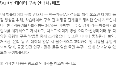 「AI 학습데이터 구축 안내서」는 인공지능(AI) 성능의 핵심 요소인 데이터 품질 향상을 위해, 학습데이터 구축 전 과정을 단계별로 정리한 안내 자료입니다. 한국지능정보사회진흥원(NIA)은 기획부터 수집·정제·가공·학습까지의 절차를 체계적으로 제시하고, 텍스트·이미지·영상·오디오·합성데이터 등 다양한 유형별 구축 방법을 함께 소개했습니다. 또한 데이터 품질관리, 보안, 저작권, 윤리 등 AI 데이터 활용 시 필수적으로 고려해야 할 사항을 종합적으로 담아, 공공·민간·연구기관은 물론 일반 국민 누구나 쉽게 참고할 수 있도록 구성했습니다. ※ 자세한 내용은 링크의 안내서를 참조해 주세요