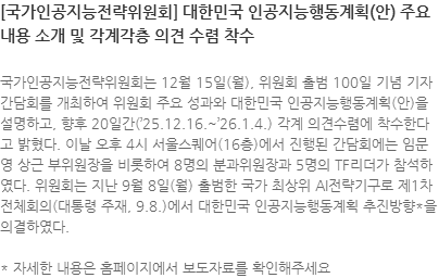 국가인공지능전략위원회는 12월 15일(월), 위원회 출범 100일 기념 기자간담회를 개최하여 위원회 주요 성과와 대한민국 인공지능행동계획(안)을 설명하고, 향후 20일간(25.12.16.~26.1.4.) 각계 의견수렴에 착수한다고 밝혔다. 이날 오후 4시 서울스퀘어(16층)에서 진행된 간담회에는 임문영 상근 부위원장을 비롯하여 8명의 분과위원장과 5명의 TF리더가 참석하였다. 위원회는 지난 9월 8일(월) 출범한 국가 최상위 AI전략기구로 제1차 전체회의(대통령 주재, 9.8.)에서 대한민국 인공지능행동계획 추진방향*을 의결하였다. * 자세한 내용은 홈페이지에서 보도자료를 확인해주세요