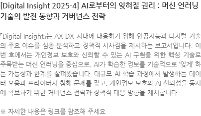 「Digital Insight」는 AX·DX 시대에 대응하기 위해 인공지능과 디지털 기술의 주요 이슈를 심층 분석하고 정책적 시사점을 제시하는 보고서입니다. 이번 호에서는 개인정보 보호와 신뢰할 수 있는 AI 구현을 위한 핵심 기술로 주목받는 머신 언러닝을 중심으로, AI가 학습한 정보를 기술적으로 잊게 하는 가능성과 한계를 살펴봤습니다. 대규모 AI 학습 과정에서 발생하는 데이터 오용과 프라이버시 침해 문제를 짚고, 개인정보 보호와 AI 신뢰성을 동시에 확보하기 위한 거버넌스 전략과 정책적 대응 방향을 제시합니다. ※ 자세한 내용은 링크를 참조해 주세요