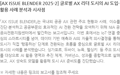 「AX ISSUE BLENDER」는 국내외 공공 AX 관련 주요 현황과 사례, 이슈를 진단·분석하고 공공부문의 효과적인 AI 전환 전략을 모색하기 위해 NIA 공공AI전환지원센터에서 발간하는 보고서입니다. 이번 호에서는 IoT·연결 중심의 스마트시티를 넘어, 데이터 기반 예측과 AI의 자율적 의사결정을 통해 도시가 직접 행동하는 단계로 전환되는 흐름을 중심으로 글로벌 AX 리더 도시의 사례를 분석했습니다. 싱가포르, 두바이, 뉴욕, 헬싱키  등 주요 도시를 대상으로 AI 활용 영역과 추진 체계, 거버넌스, 성과를 종합적으로 살펴보고, AX 성숙도 모델을 활용해 도시 AX 준비도를 진단했습니다.  ※ 자세한 내용은 링크의 보고서를 참조해 주세요