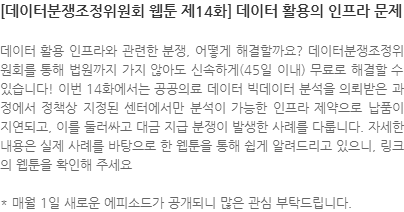 데이터 활용 인프라와 관련한 분쟁, 어떻게 해결할까요? 데이터분쟁조정위원회를 통해 법원까지 가지 않아도 신속하게(45일 이내) 무료로 해결할 수 있습니다! 이번 14화에서는 공공의료 데이터 빅데이터 분석을 의뢰받은 과정에서 정책상 지정된 센터에서만 분석이 가능한 인프라 제약으로 납품이 지연되고, 이를 둘러싸고 대금 지급 분쟁이 발생한 사례를 다룹니다. 자세한 내용은 실제 사례를 바탕으로 한 웹툰을 통해 쉽게 알려드리고 있으니, 링크의 웹툰을 확인해 주세요 * 매월 1일 새로운 에피소드가 공개되니 많은 관심 부탁드립니다.