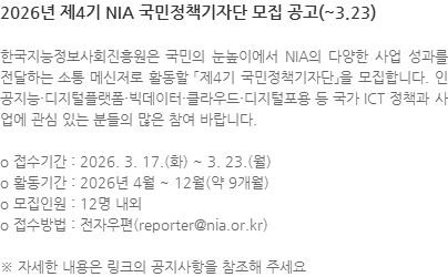 한국지능정보사회진흥원은 국민의 눈높이에서 NIA의 다양한 사업 성과를 전달하는 소통 메신저로 활동할 「제4기 국민정책기자단」을 모집합니다. 인공지능·디지털플랫폼·빅데이터·클라우드·디지털포용 등 국가 ICT 정책과 사업에 관심 있는 분들의 많은 참여 바랍니다. o 접수기간 : 2026. 3. 17.(화) ~ 3. 23.(월) o 활동기간 : 2026년 4월 ~ 12월(약 9개월) o 모집인원 : 12명 내외 o 접수방법 : 전자우편(reporter@nia.or.kr) ※ 자세한 내용은 링크의 공지사항을 참조해 주세요