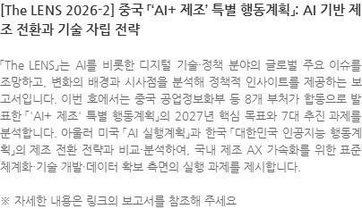 「The LENS」는 AI를 비롯한 디지털 기술·정책 분야의 글로벌 주요 이슈를 조망하고, 변화의 배경과 시사점을 분석해 정책적 인사이트를 제공하는 보고서입니다. 이번 호에서는 중국 공업정보화부 등 8개 부처가 합동으로 발표한 「AI+ 제조 특별 행동계획」의 2027년 핵심 목표와 7대 추진 과제를 분석합니다. 아울러 미국 「AI 실행계획」과 한국 「대한민국 인공지능 행동계획」의 제조 전환 전략과 비교·분석하여, 국내 제조 AX 가속화를 위한 표준 체계화·기술 개발·데이터 확보 측면의 실행 과제를 제시합니다. ※ 자세한 내용은 링크의 보고서를 참조해 주세요