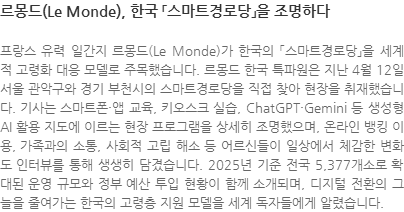 프랑스 유력 일간지 르몽드(Le Monde)가 한국의 「스마트경로당」을 세계적 고령화 대응 모델로 주목했습니다. 르몽드 한국 특파원은 지난 4월 12일 서울 관악구와 경기 부천시의 스마트경로당을 직접 찾아 현장을 취재했습니다. 기사는 스마트폰·앱 교육, 키오스크 실습, ChatGPT·Gemini 등 생성형 AI 활용 지도에 이르는 현장 프로그램을 상세히 조명했으며, 온라인 뱅킹 이용, 가족과의 소통, 사회적 고립 해소 등 어르신들이 일상에서 체감한 변화도 인터뷰를 통해 생생히 담겼습니다. 2025년 기준 전국 5,377개소로 확대된 운영 규모와 정부 예산 투입 현황이 함께 소개되며, 디지털 전환의 그늘을 줄여가는 한국의 고령층 지원 모델을 세계 독자들에게 알렸습니다.