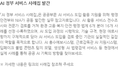 「AI 정부 서비스 사례집」은 공공부문 AI 서비스 도입·활용 지원을 위해 행정안전부와 NIA가 공동 발간한 실무 참고자료입니다. AI 활용 서비스 전수조사와 전문가 검토를 거쳐 환경·고용·복지·안전·행정·법제 6개 분야 16개 사례를 선정·수록하였으며, AI 도입 과정의 시행착오, 기술 규격, 현장 애로사항까지 구체적으로 담아 AI 서비스 도입을 검토 중인 기관의 실질적인 길잡이 역할을 목적으로 합니다. AI 홍수예보시스템, 근로감독관 AI 지원시스템, 딥페이크 불법 콘텐츠 탐지 모델, 생성형 AI 법령검색 서비스 등 현장에서 실제 사례를 통해 공공 AI 기획의 방향을 찾아보세요. ※ 자세한 내용은 링크의 사례집 참조해 주세요